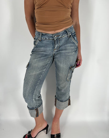 Y2K Mixed Wash Denim Cargo Capri Pants Cuffed at the Hem