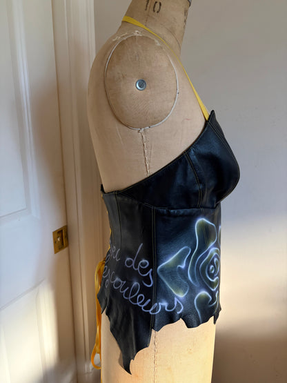 Euro Leather Corset with Graffiti and Flower Appliqué