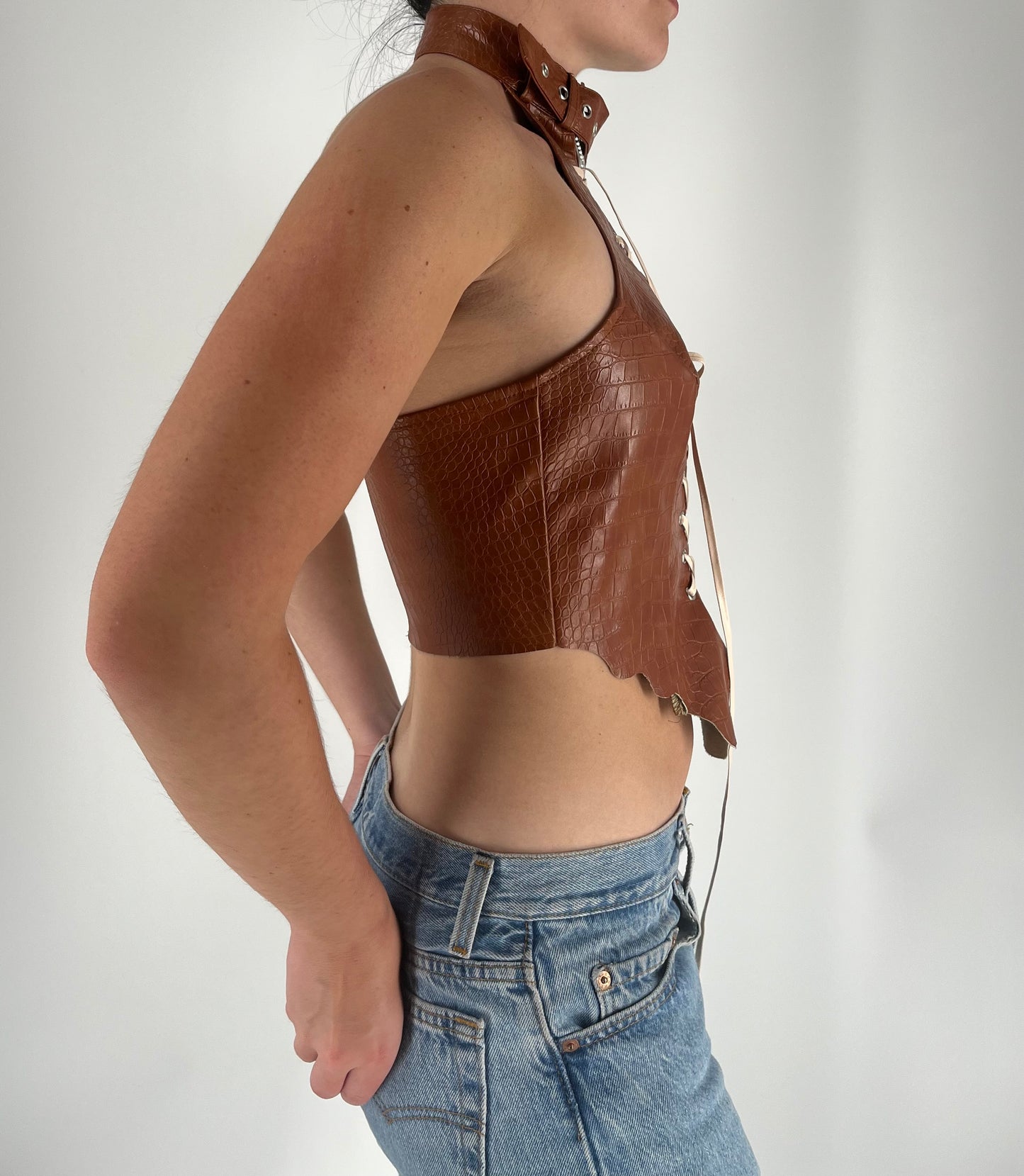Unique Halter Crop Top With Belt Neck and Lace Up Detail
