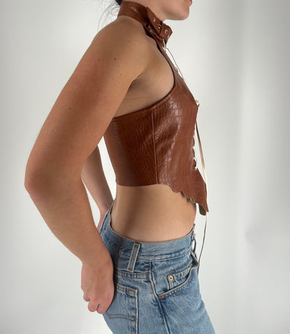 Unique Halter Crop Top With Belt Neck and Lace Up Detail