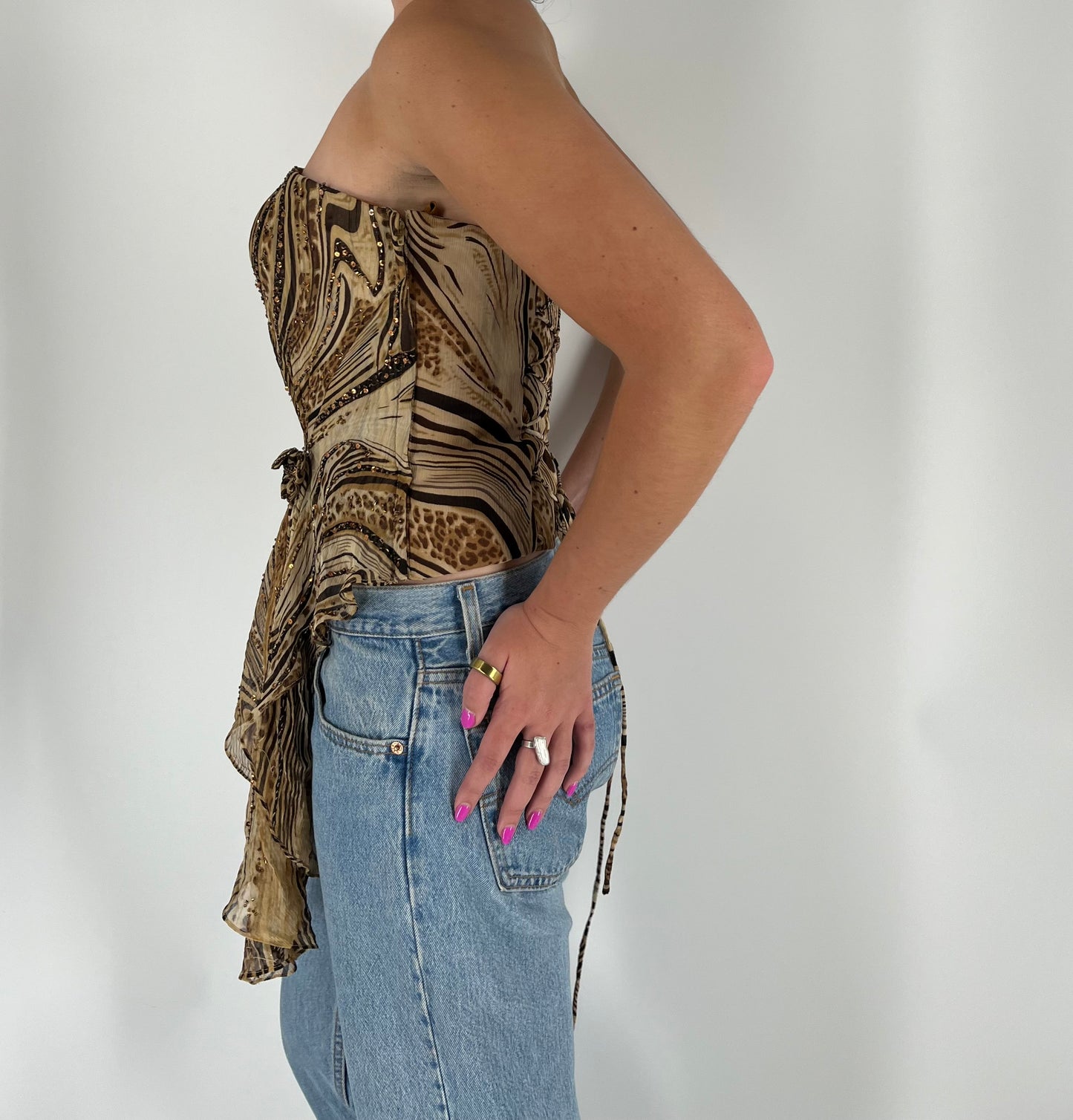 100% Silk Cache Sequin Asymmetrical Strapless Top With Removable Rosette