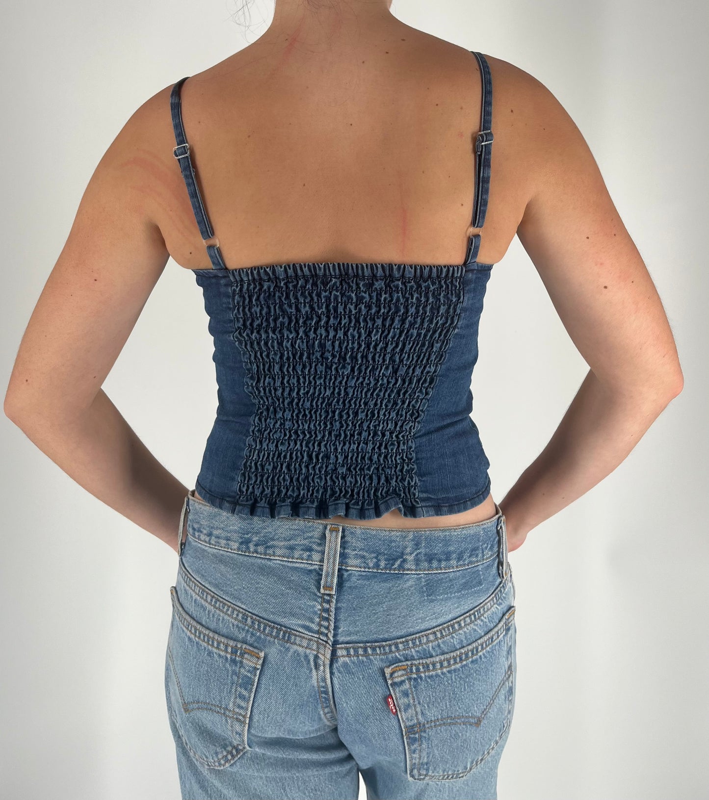 Denim Crop Top With Button Closure, Sweetheart Neckline and Puckering