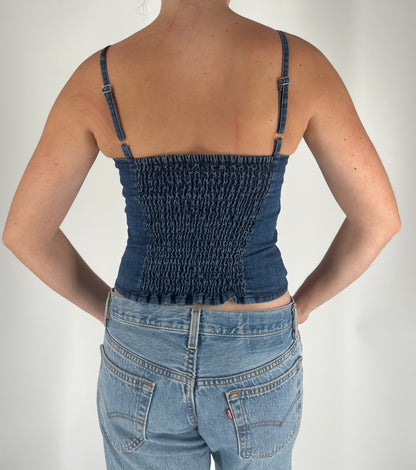 Denim Crop Top With Button Closure, Sweetheart Neckline and Puckering