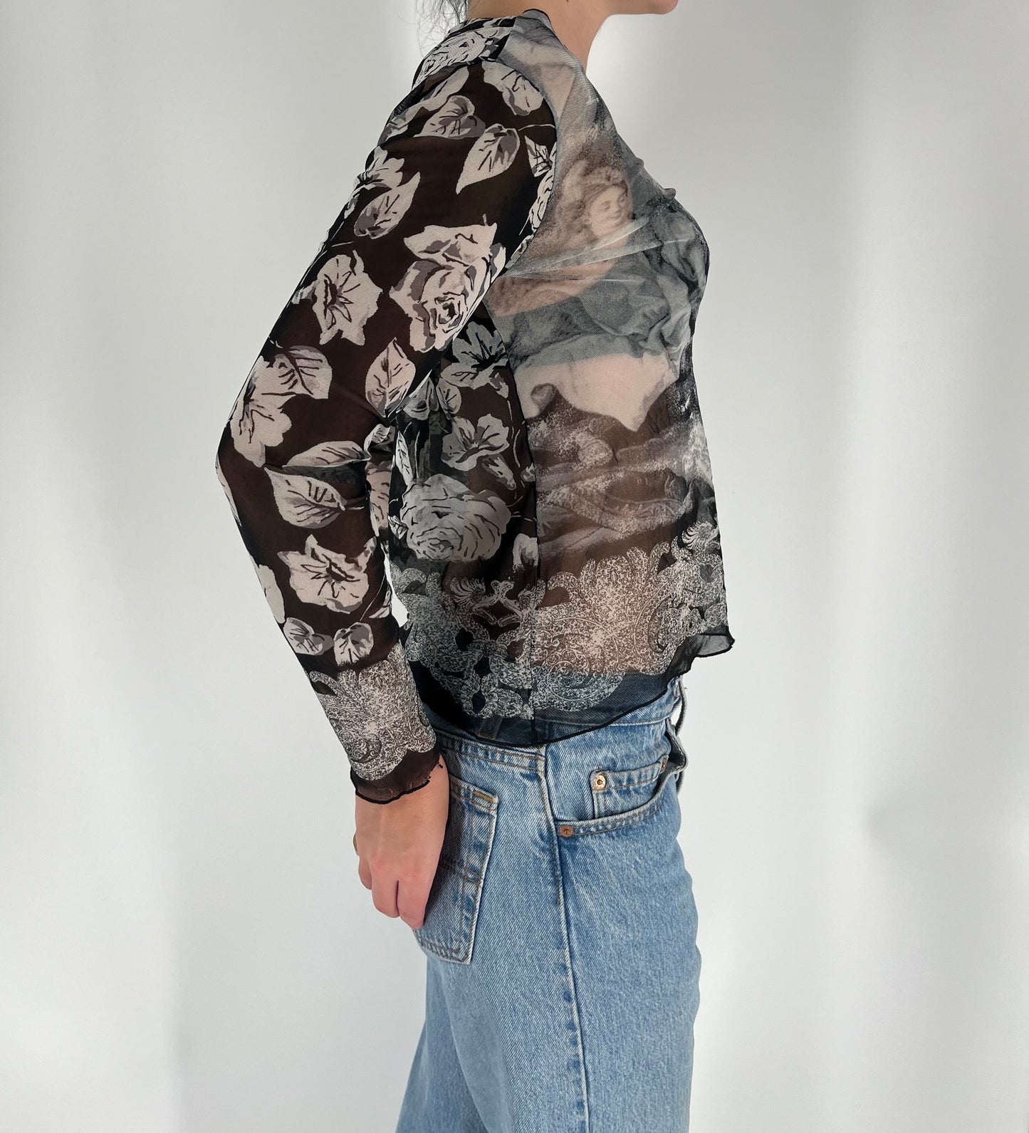 Made in France Mesh Long Sleeve Top With Renaissance and Floral Prints