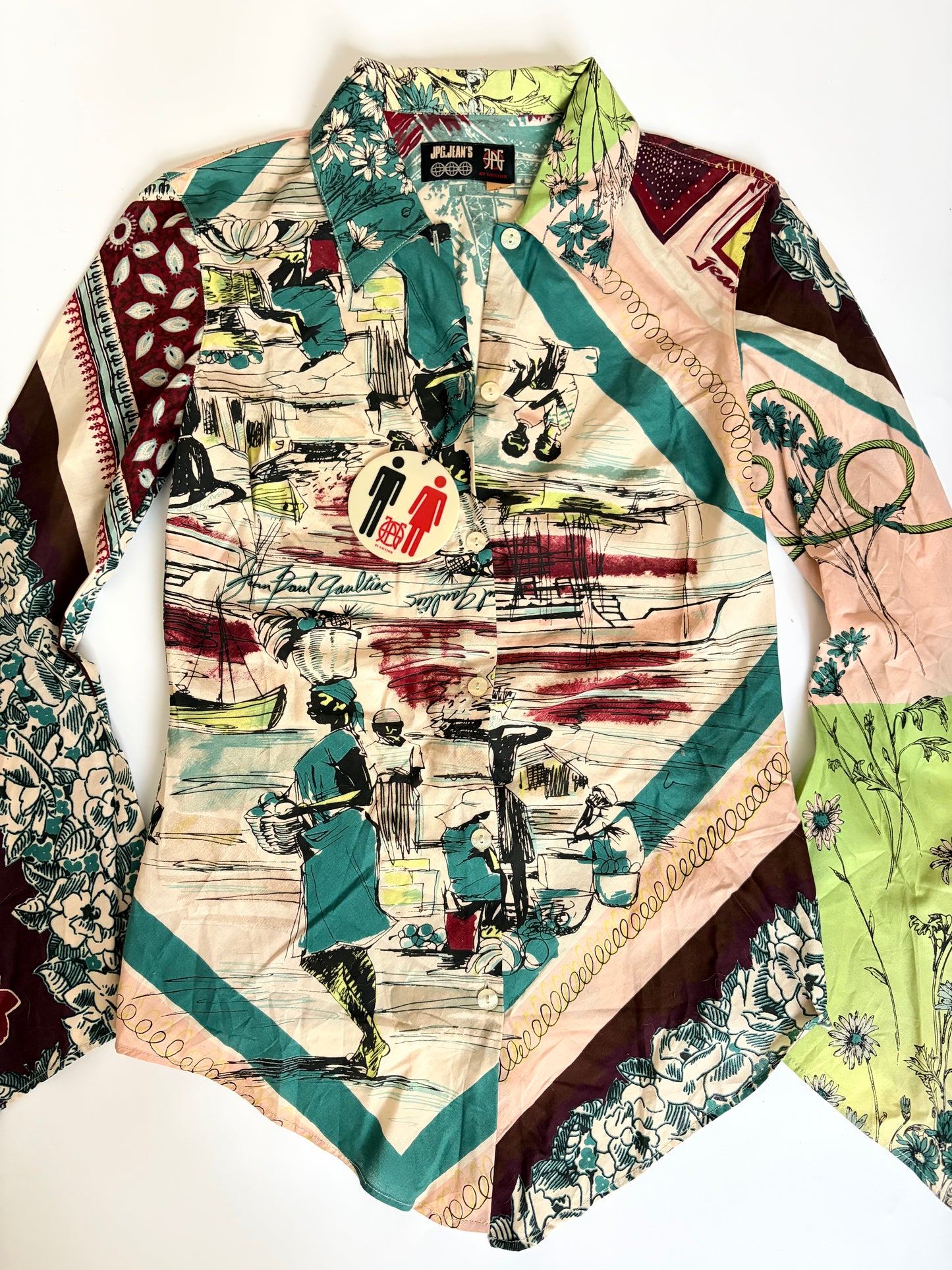 Deadstock Jean Paul Gaultier (JPG JEANS) Asymmetrical Sleeve Paris Button Up Shirt Made in Italy 100% Cotton