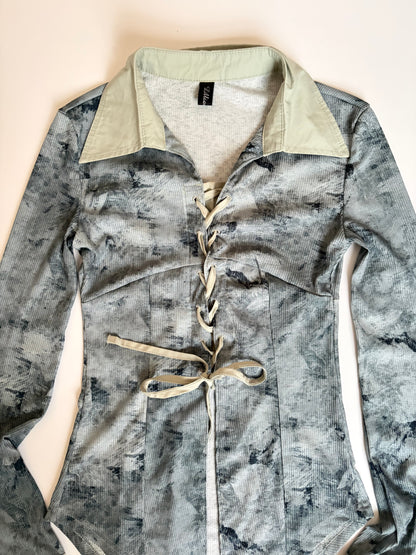 Distressed Print Collared Long Sleeve with Tie Up Closure