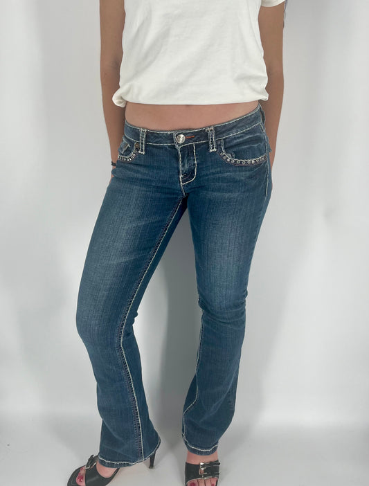 Y2K Low Rise Skinny Flare Jeans With White Stitching, Studs And Logo Butt Pockets