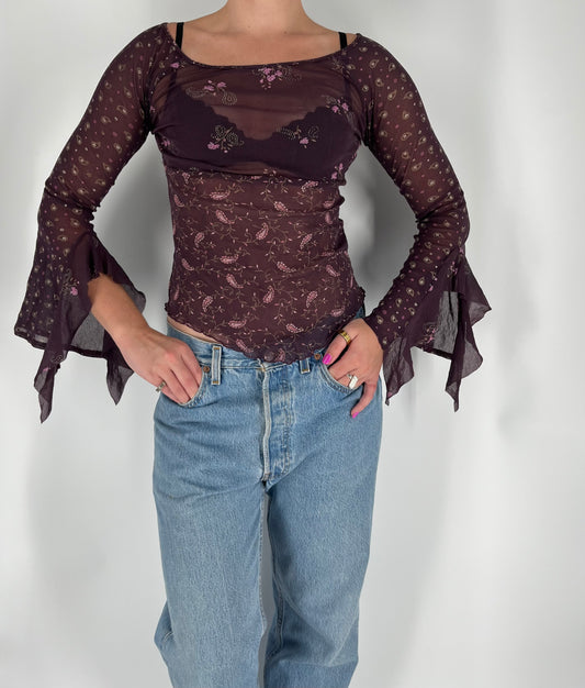 Mesh Paisley Print Top With Long Ruffle Sleeves