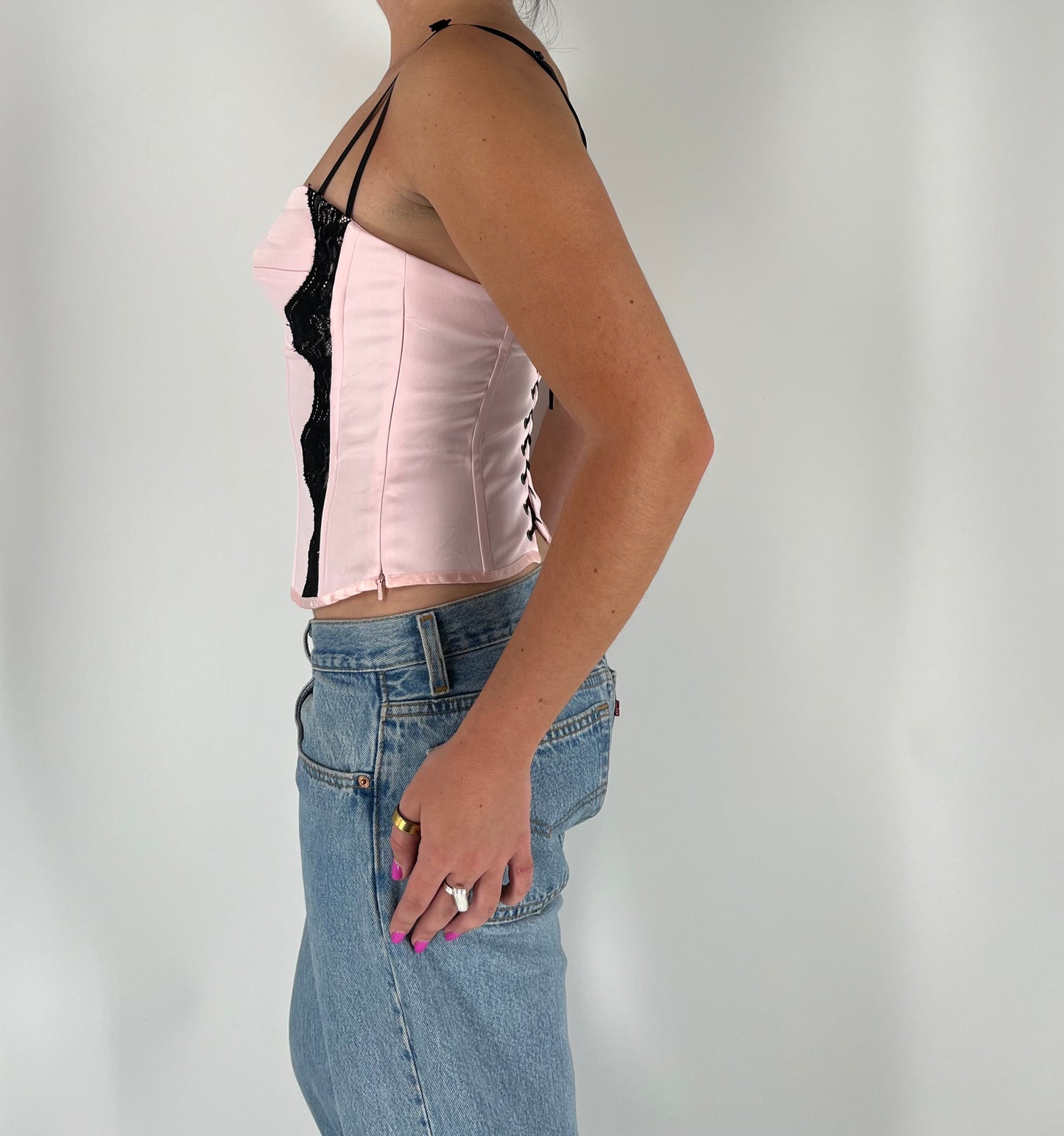 French Style Bustier Corset With Black Lace and Unique Straps