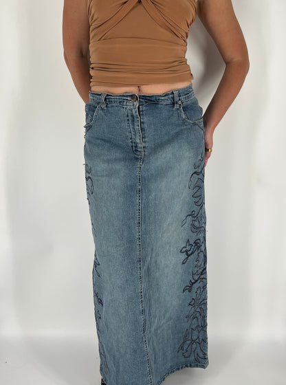 Denim Maxi Skirt With Embroidery Along Each Leg