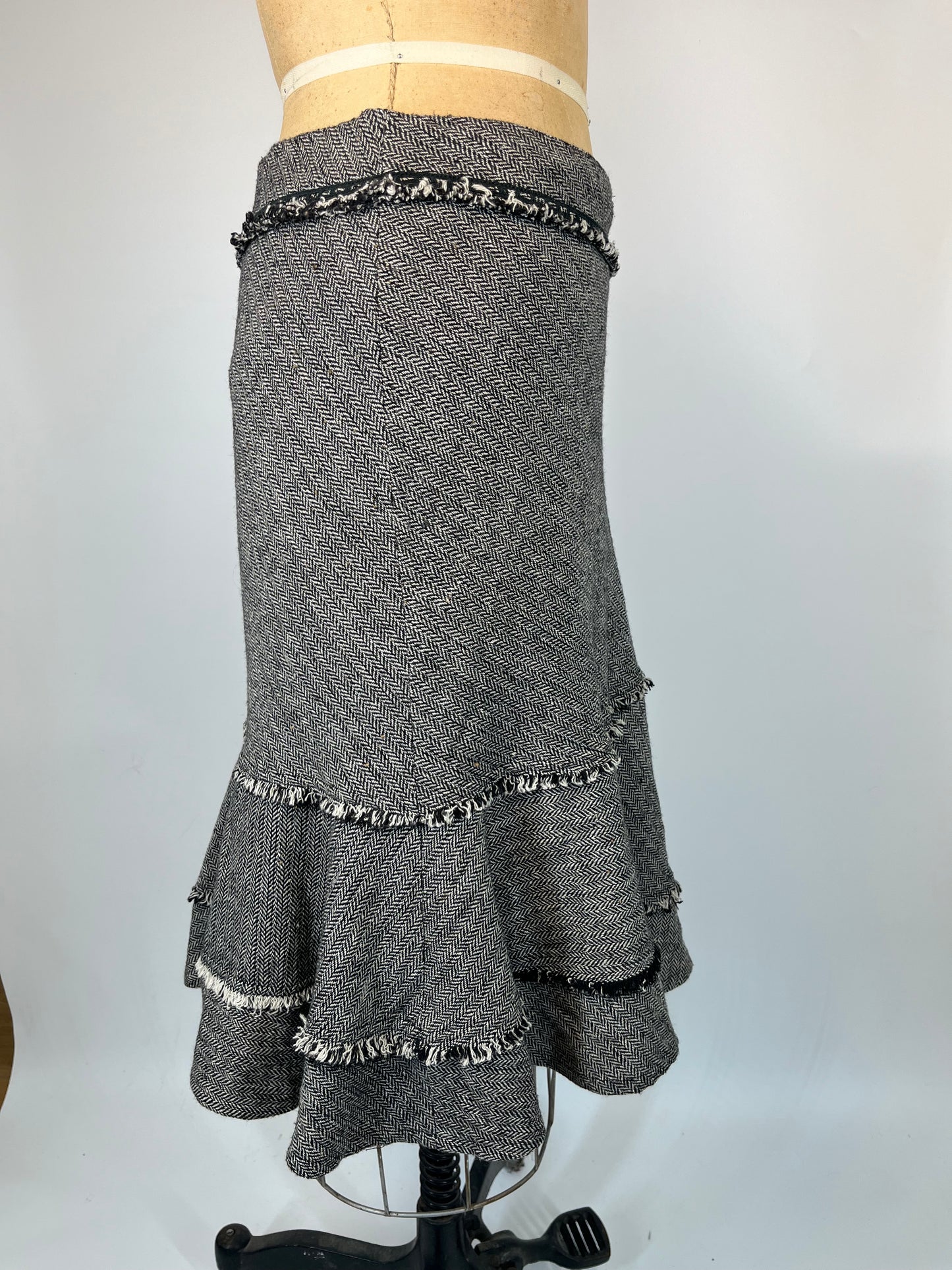 Wool Skirt With Tiered Ruffles and Lace Accents