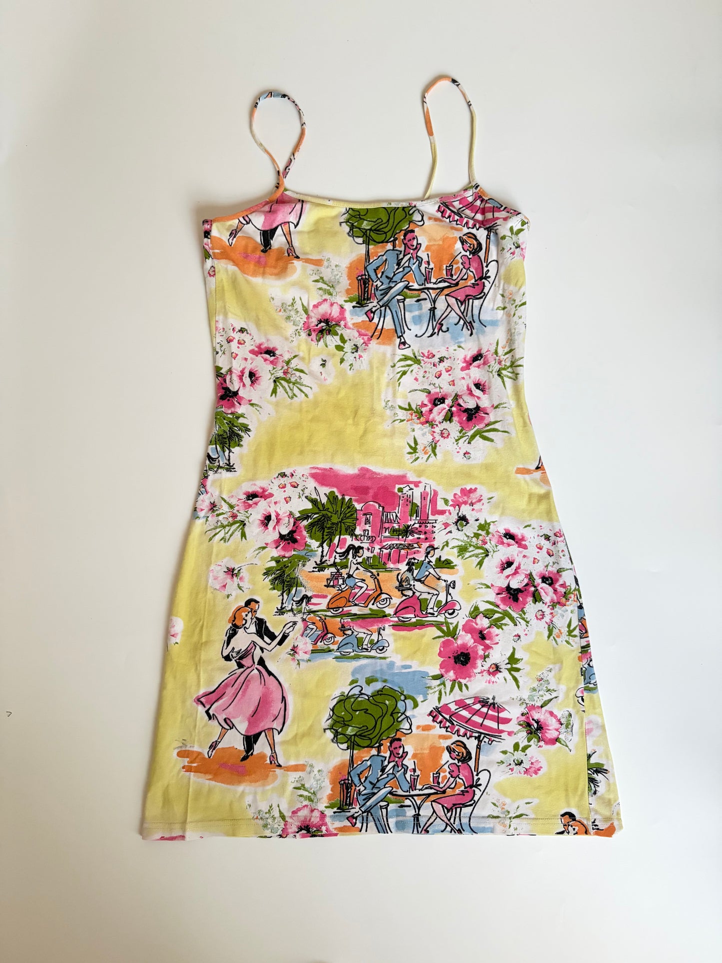Picturesque Mini Dress with Flowers and Illustrations