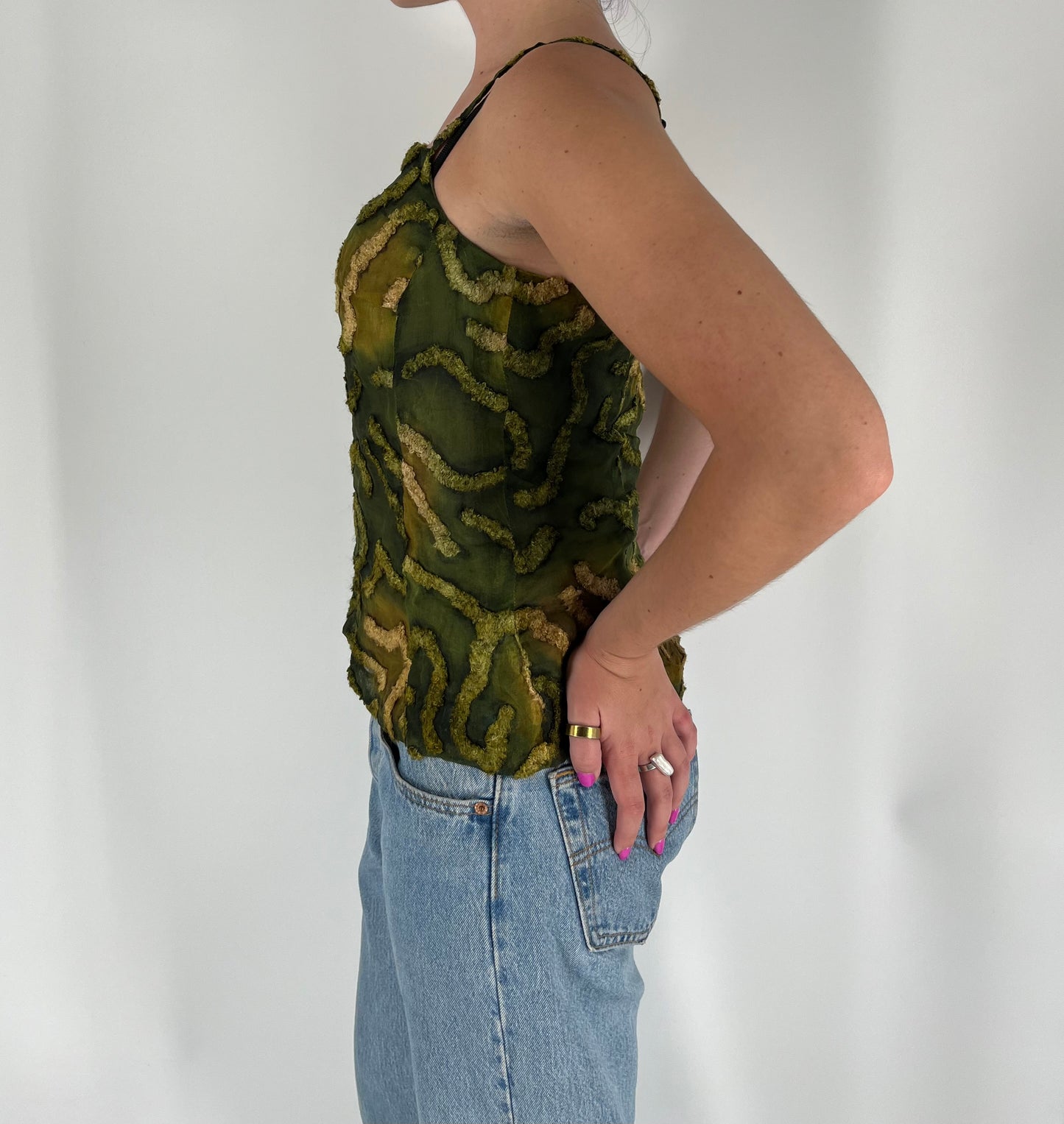 Abstract Textured Swirl Print Tank With Spaghetti Straps and Unique Fading