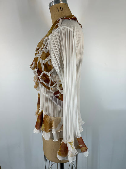 Sheer Ruffle Button Up With Floral Print and Unique Cutouts