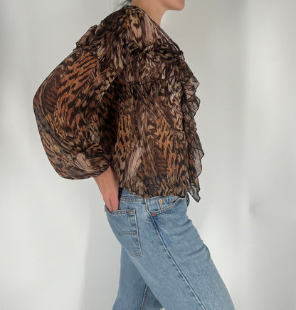 Abstract Print Ruffle Top With Pirate Sleeves