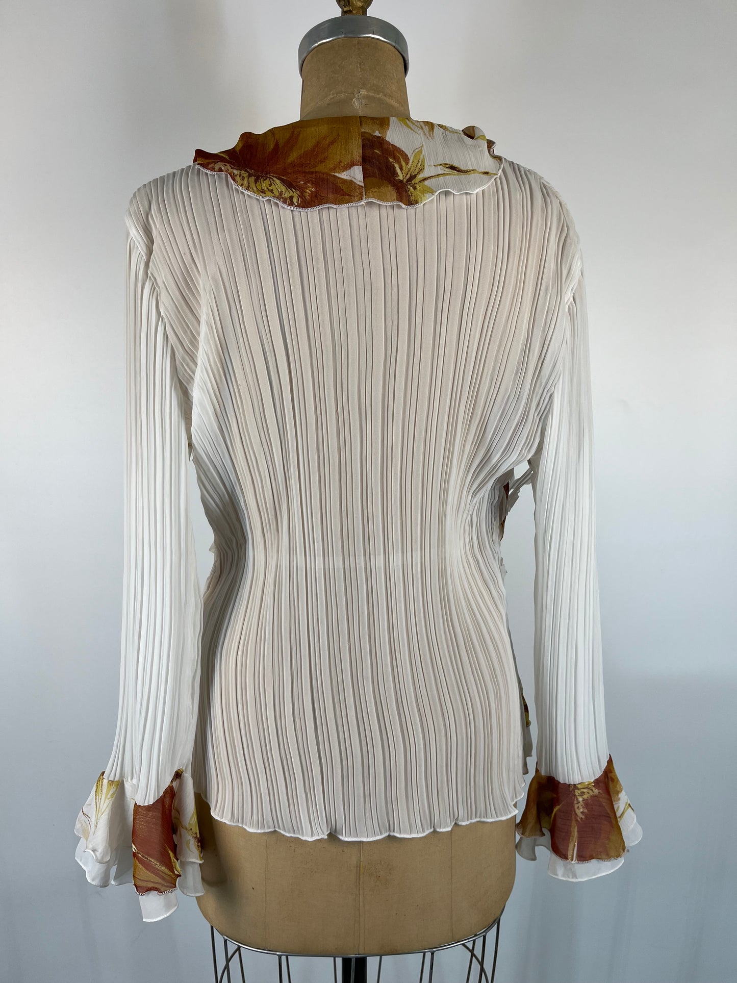 Sheer Ruffle Button Up With Floral Print and Unique Cutouts