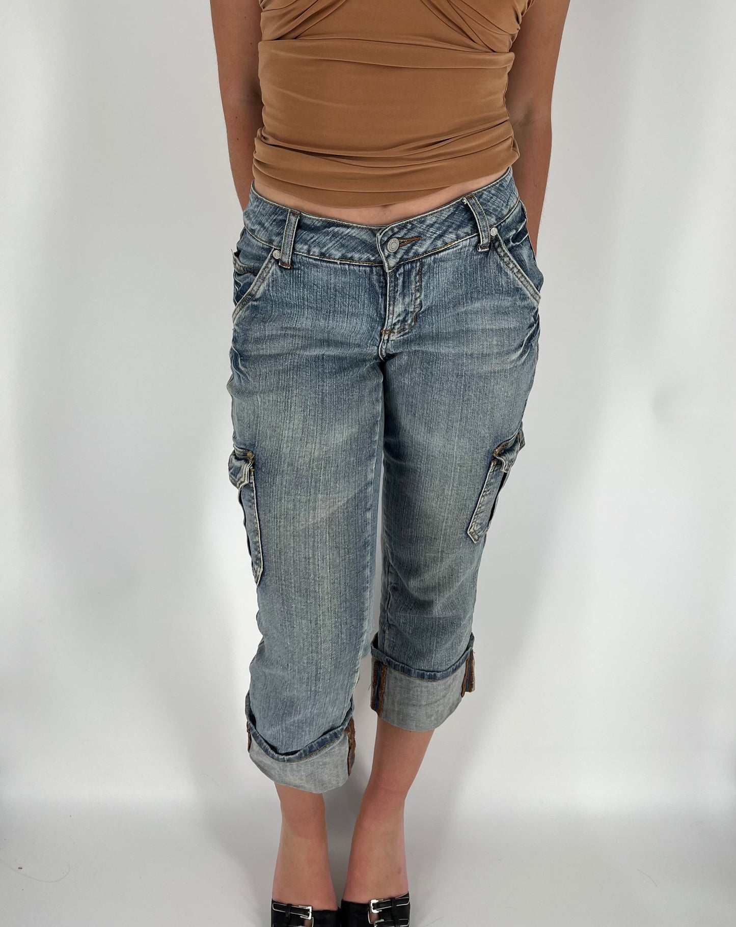 Y2K Mixed Wash Denim Cargo Capri Pants Cuffed at the Hem