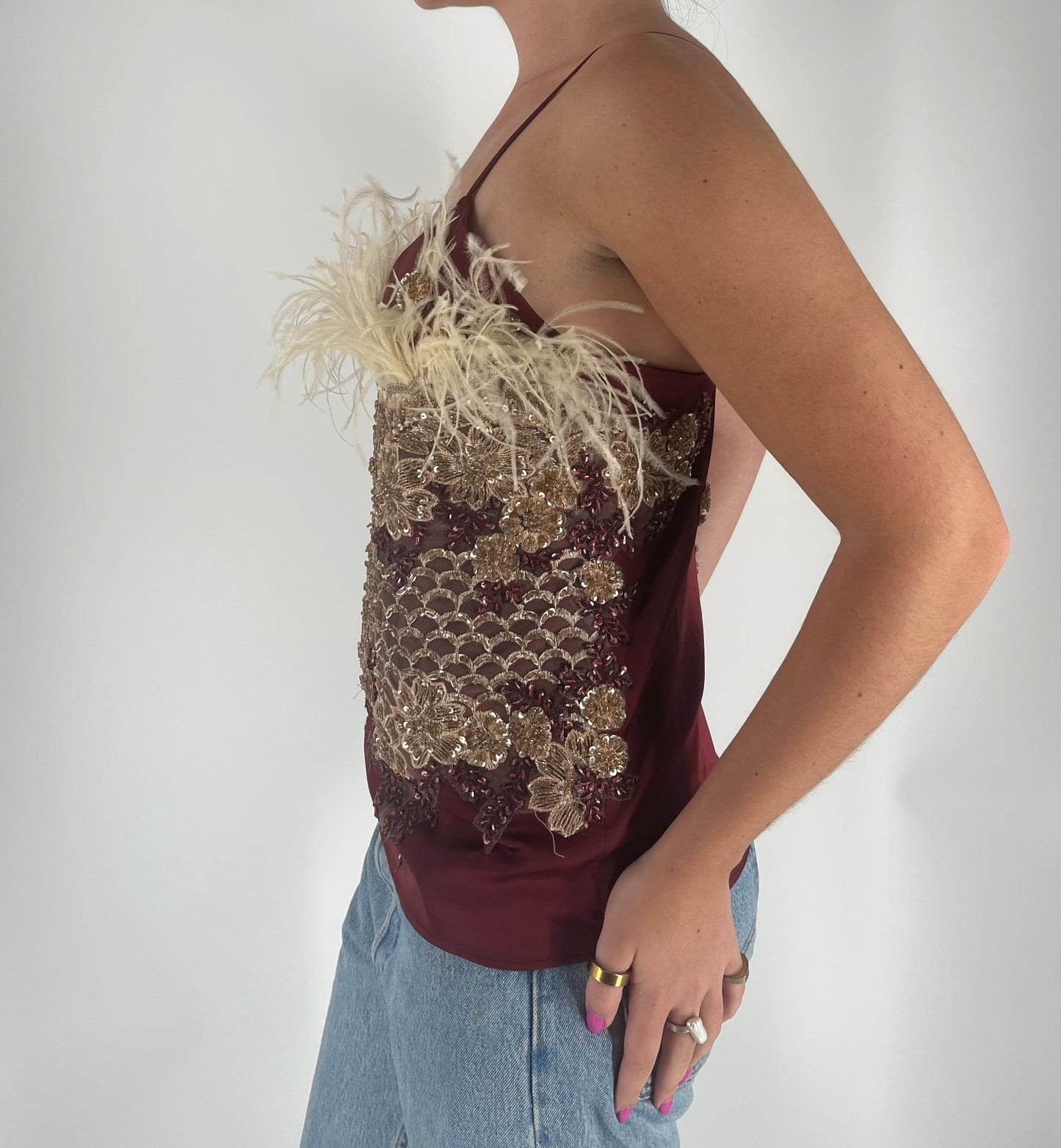 100% Silk Handmade Tank With Feathers and Beaded Appliqués