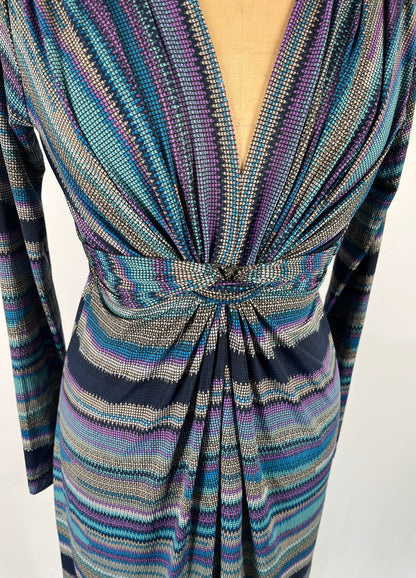 Abstract Striped Print Midi Dress With Long Sleeves and Wrap Waist