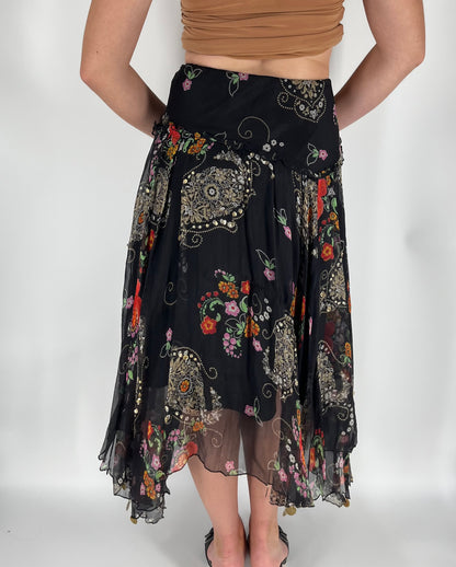 Sheer Flowy Floral Skirt With Handkerchief Hem & Coin Accents