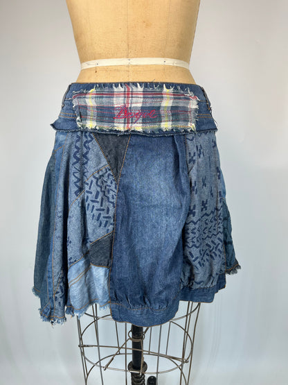 Abstract Print Denim Skirt With Plaid Accents