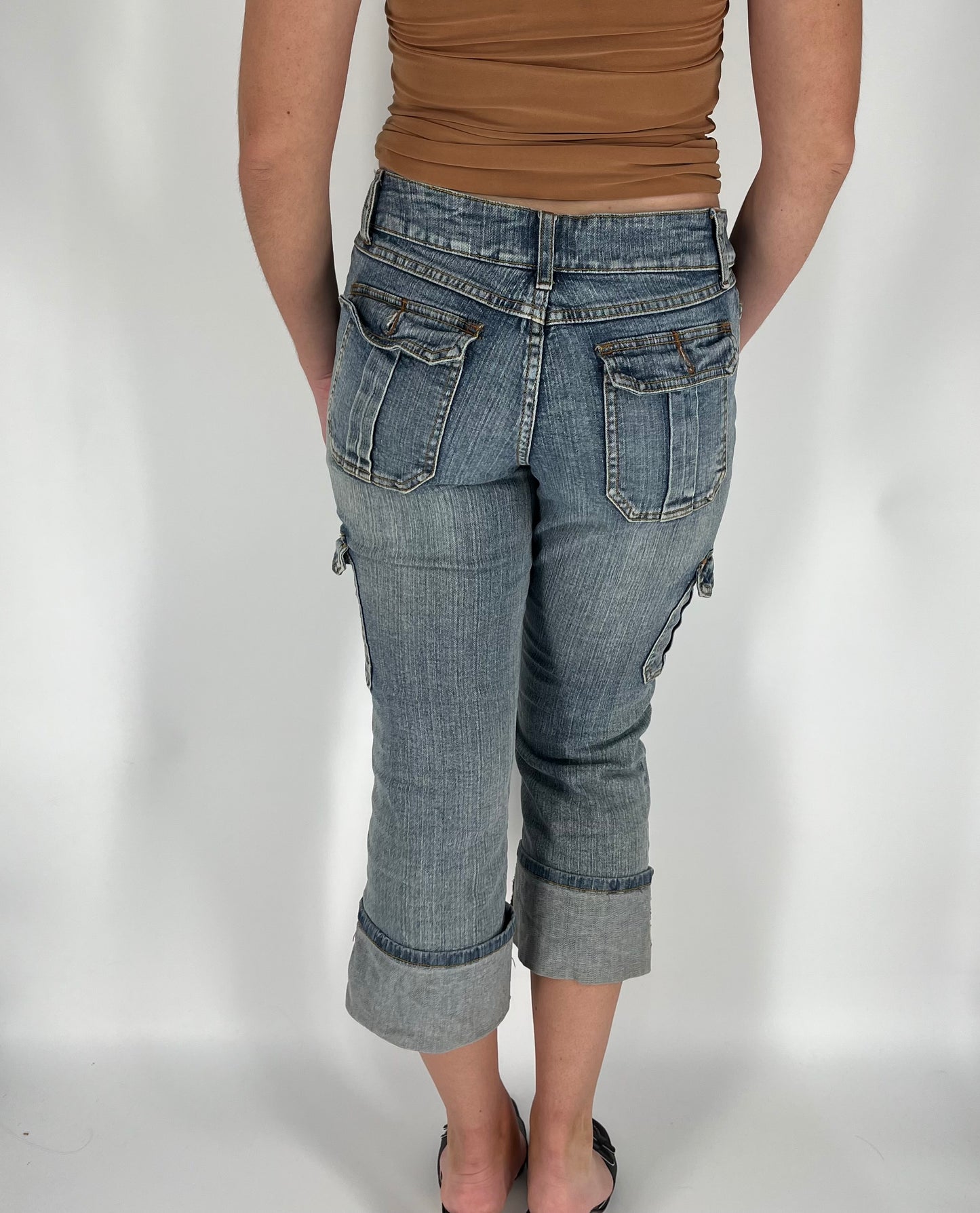 Y2K Mixed Wash Denim Cargo Capri Pants Cuffed at the Hem