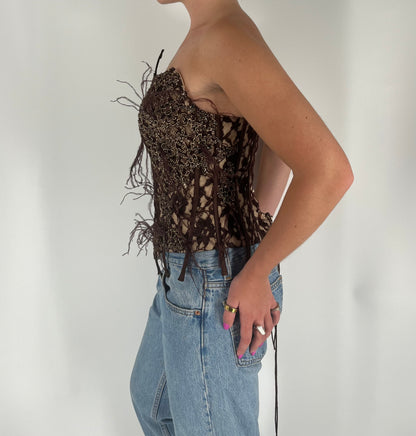 One-of-a-Kind Corset With Lace, Feathers, Exposed Boning and Beaded Appliqués