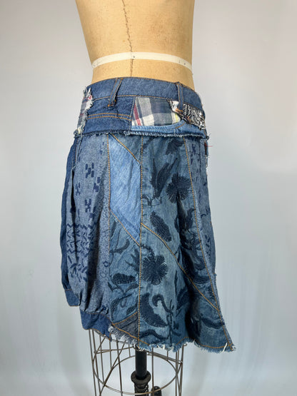 Abstract Print Denim Skirt With Plaid Accents