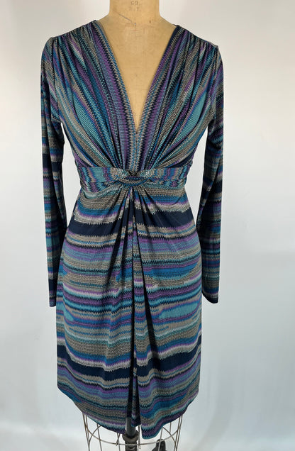 Abstract Striped Print Midi Dress With Long Sleeves and Wrap Waist