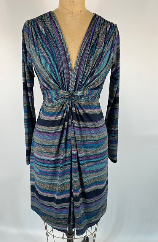 Abstract Striped Print Midi Dress With Long Sleeves and Wrap Waist