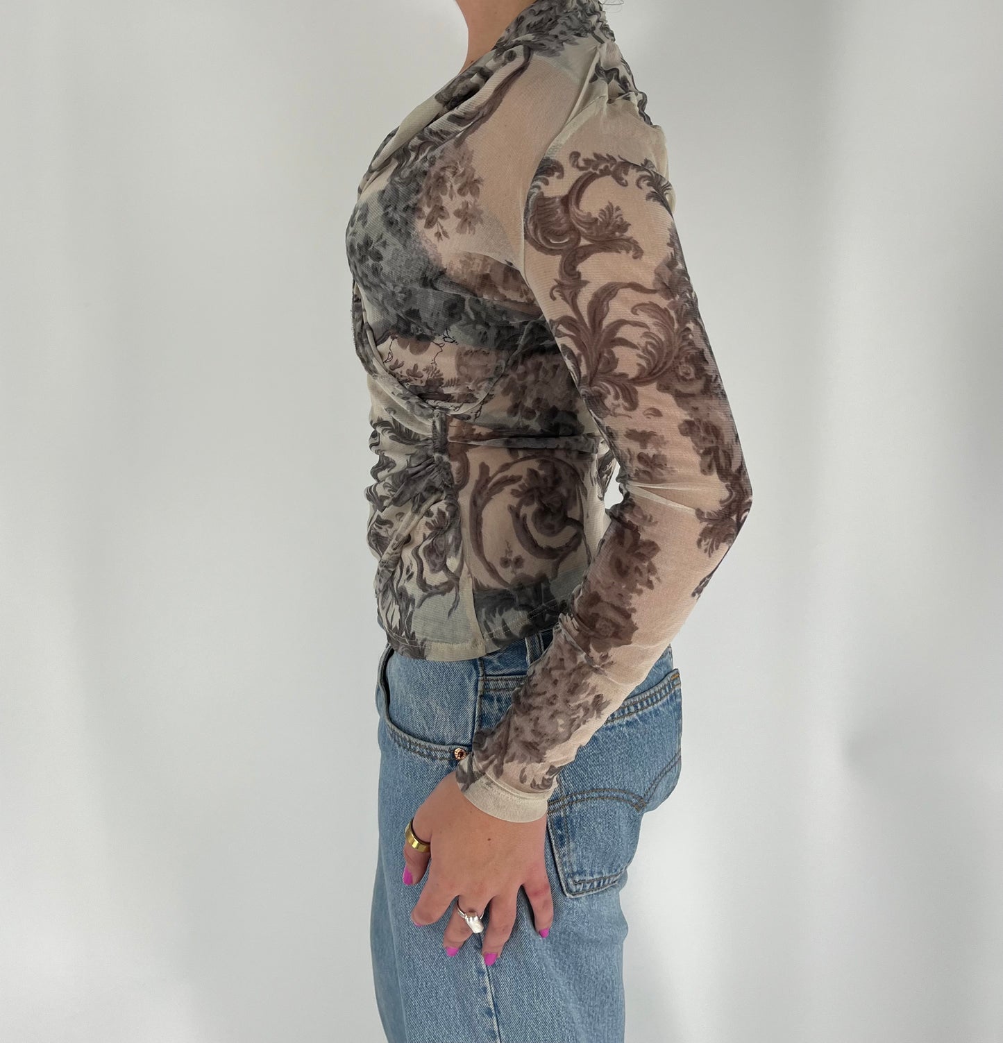 Graphic Print Mesh Long Sleeve Top With Wrap Front