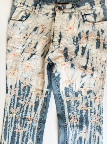 Euro Bleached Jeans with Sequins and Lace Appliques