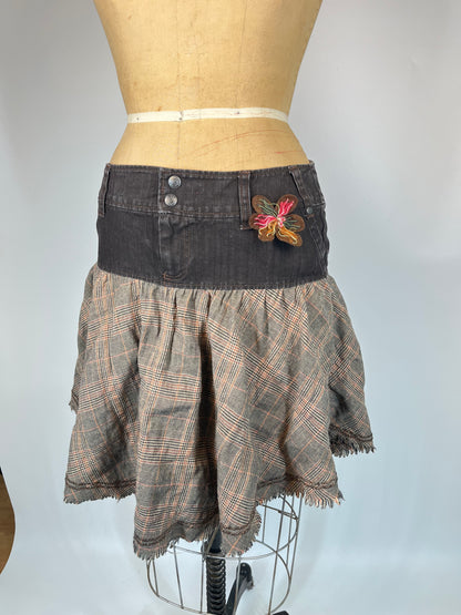 Denim and Plaid Skirt With Rosette