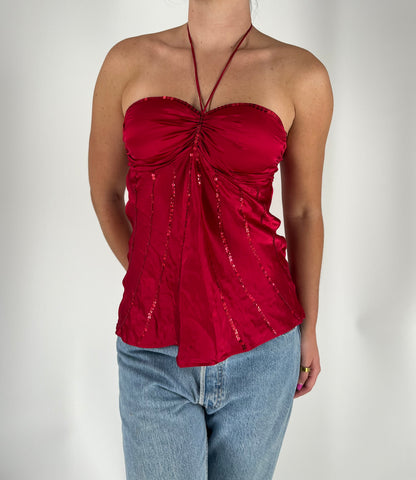 Red Satin Halter Tank With Sequin Details