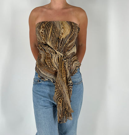 100% Silk Cache Sequin Asymmetrical Strapless Top With Removable Rosette