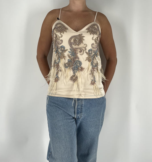 100% Silk Tank With Appliques, Pearls, Beading & Feather Embellishments