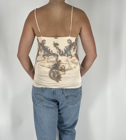 100% Silk Tank With Appliques, Pearls, Beading & Feather Embellishments