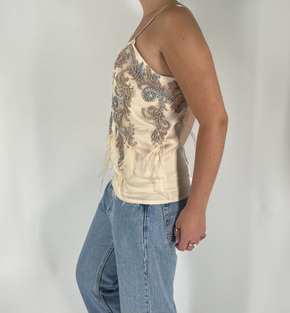 100% Silk Tank With Appliques, Pearls, Beading & Feather Embellishments