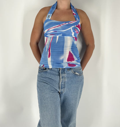 Vintage Y2K Abstract Print Blue Halter Top