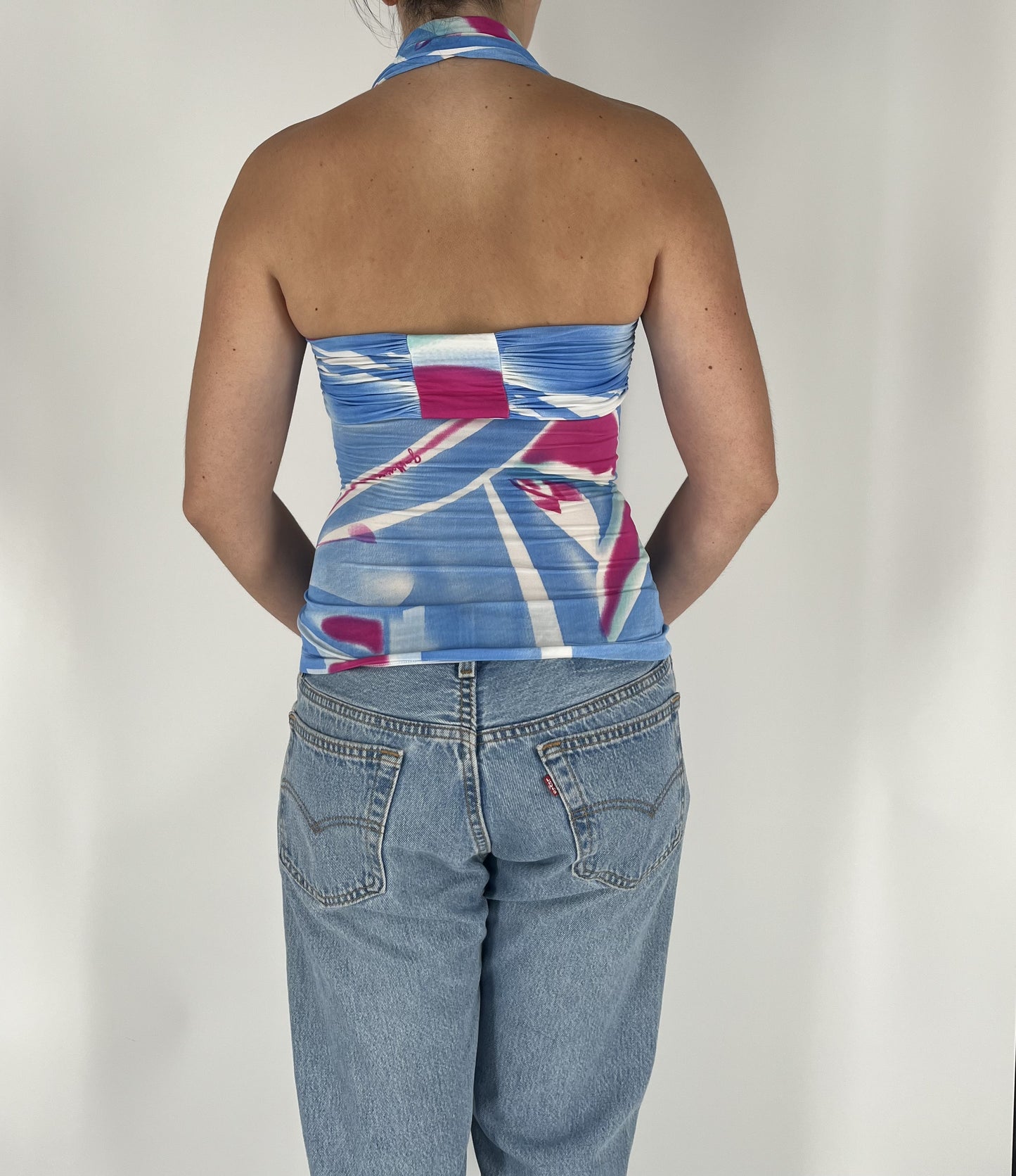 Vintage Y2K Abstract Print Blue Halter Top