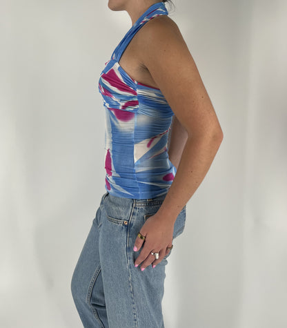 Vintage Y2K Abstract Print Blue Halter Top