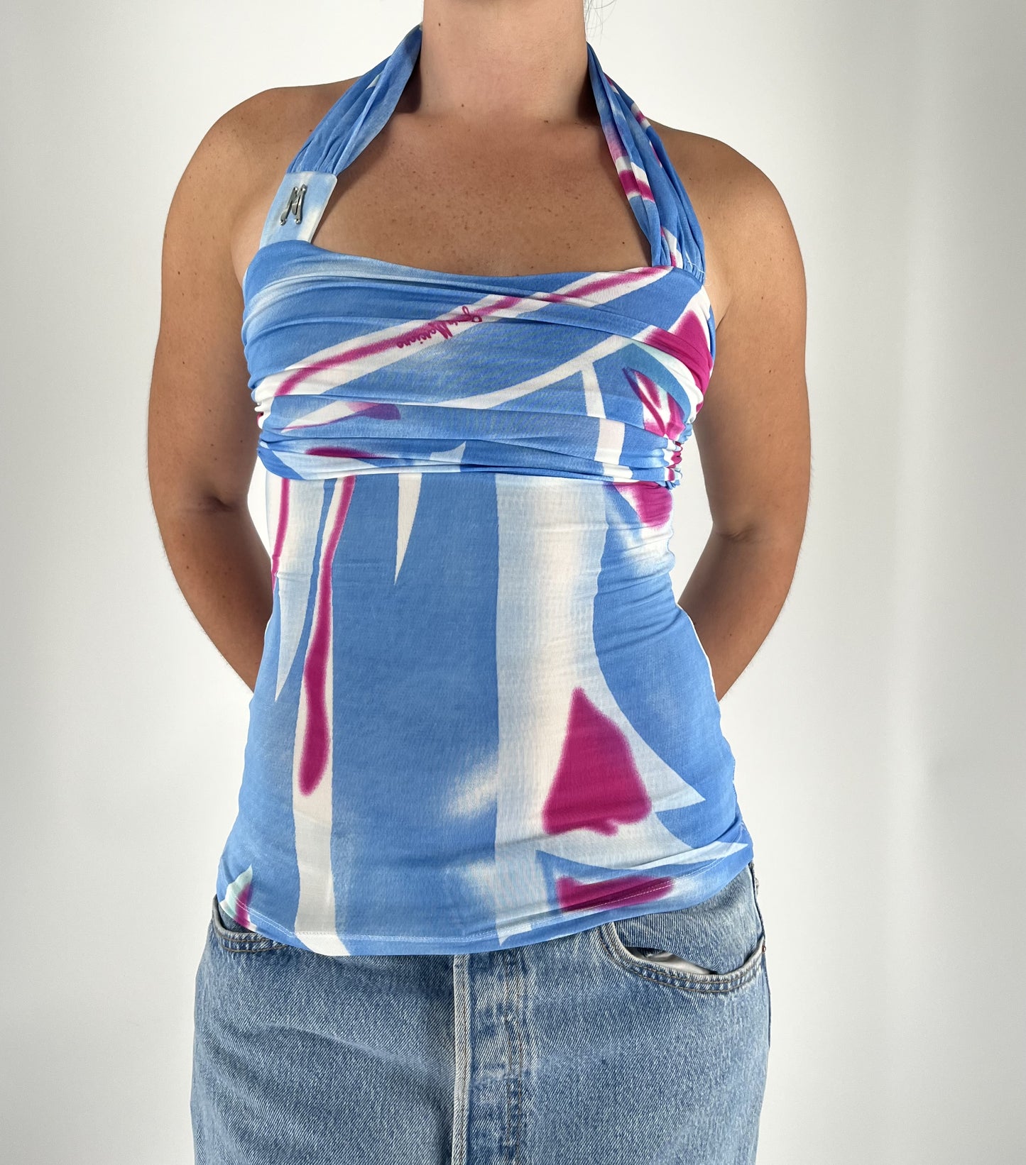 Vintage Y2K Abstract Print Blue Halter Top