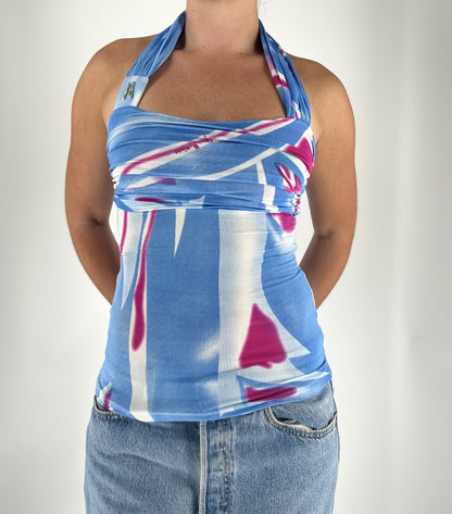 Vintage Y2K Abstract Print Blue Halter Top