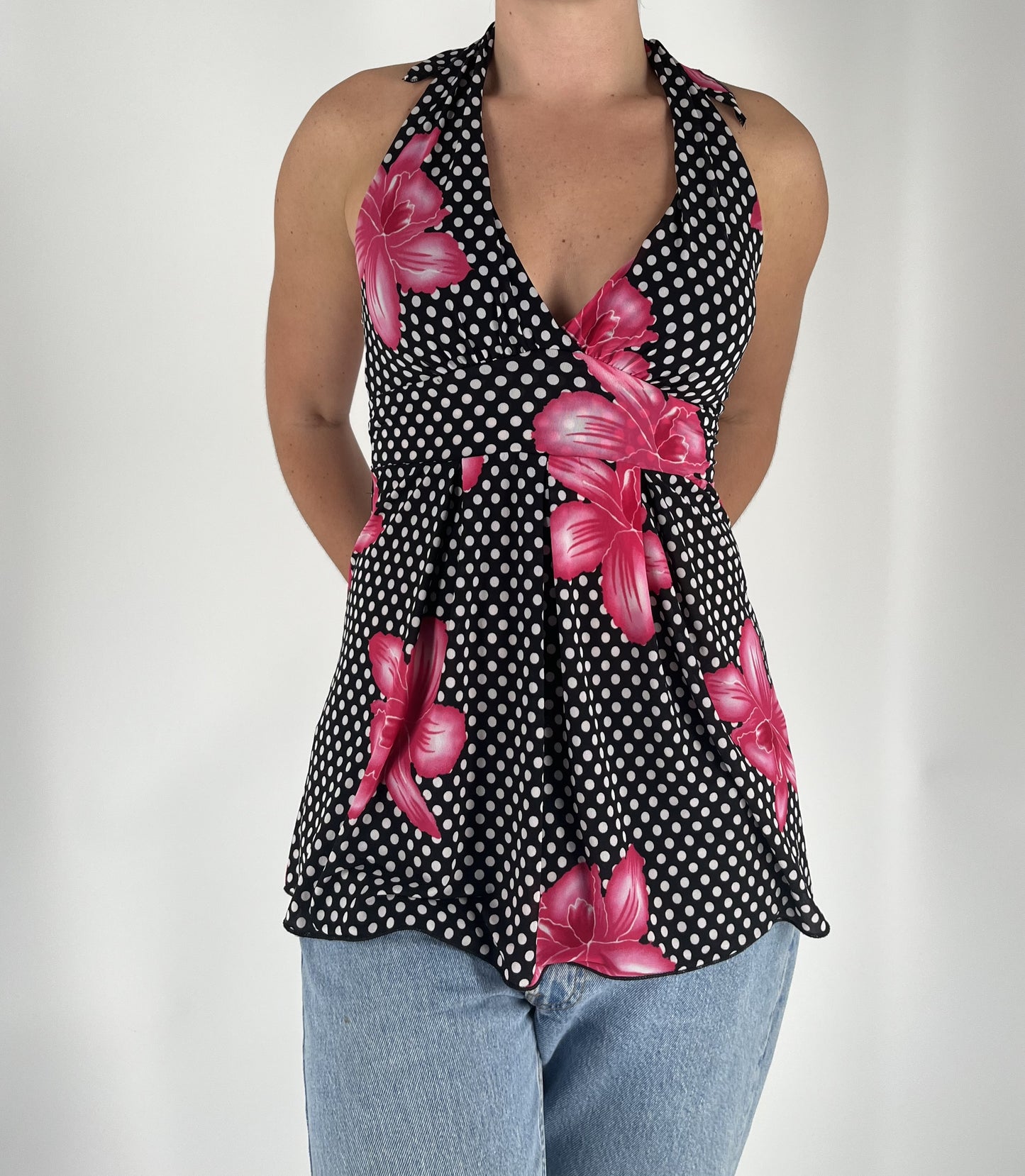 Y2K Black Polka Dot Halter Top with Pink Floral Print