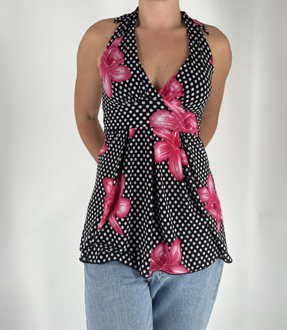 Y2K Black Polka Dot Halter Top with Pink Floral Print