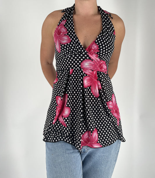 Y2K Black Polka Dot Halter Top with Pink Floral Print