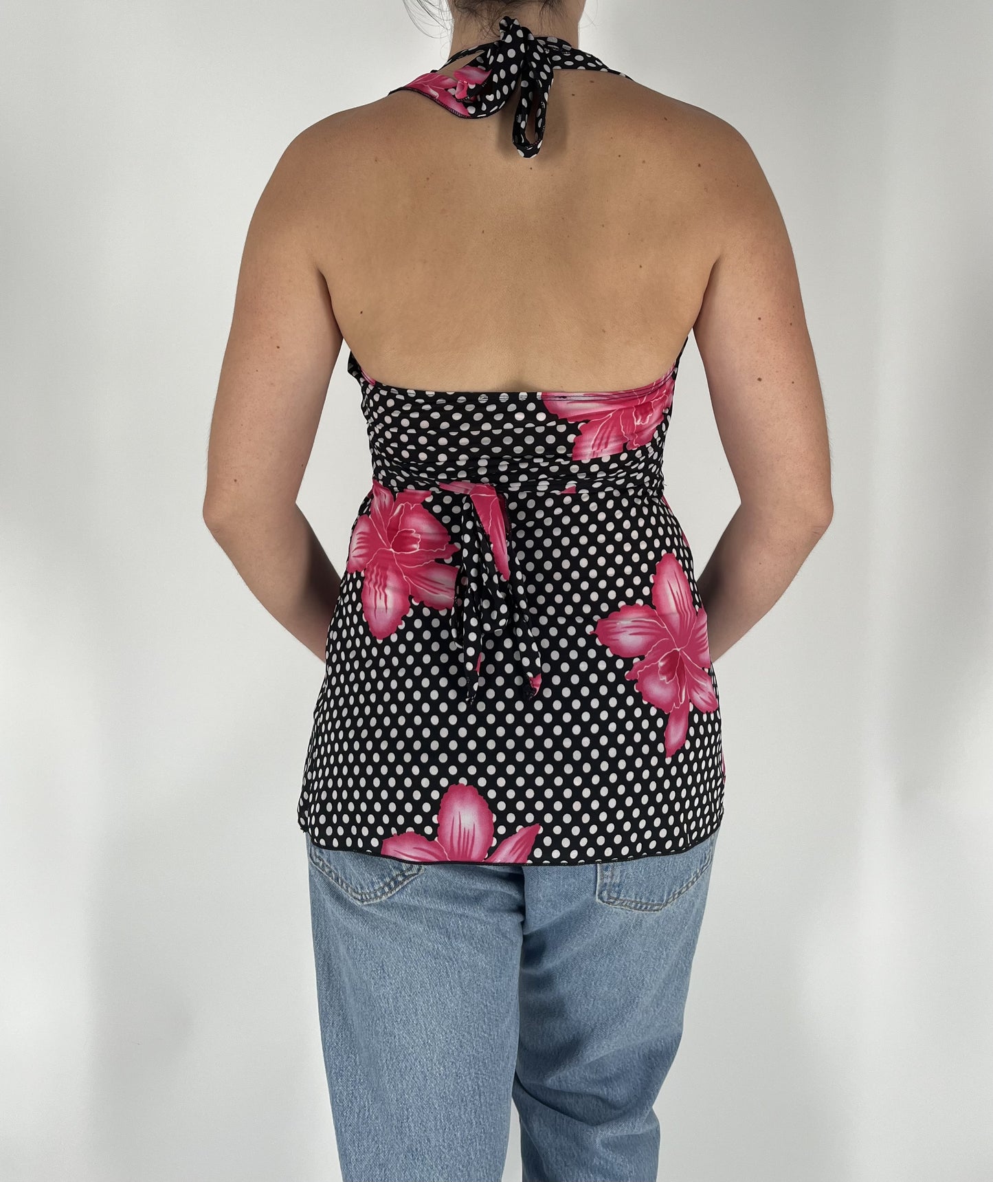 Y2K Black Polka Dot Halter Top with Pink Floral Print