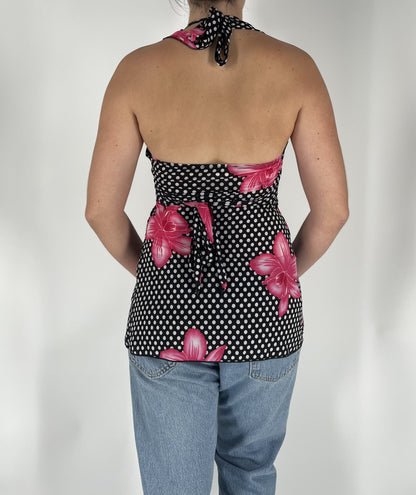 Y2K Black Polka Dot Halter Top with Pink Floral Print