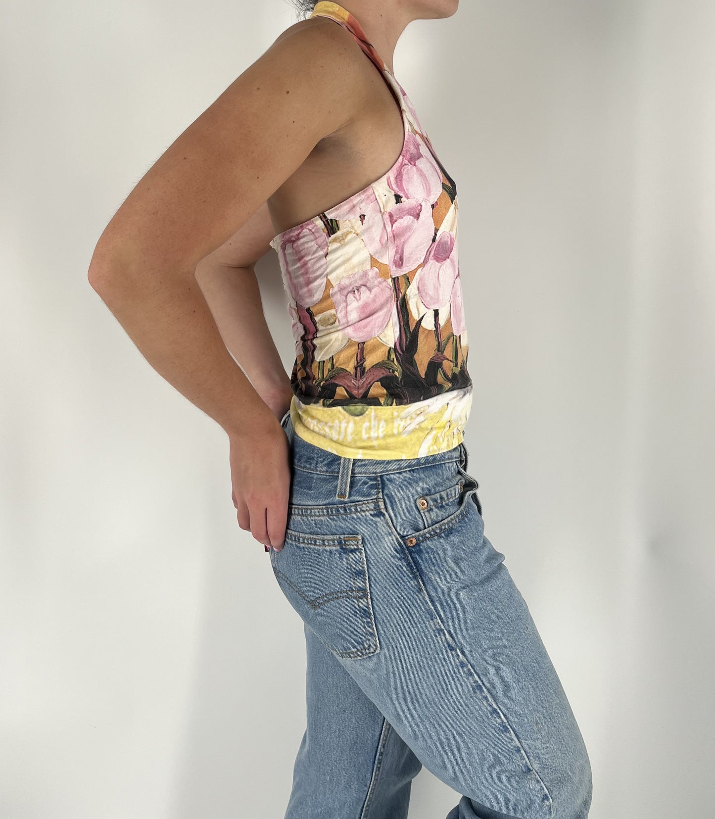 Made in Italy Vintage Floral Halter Top with Pink Tulip Print