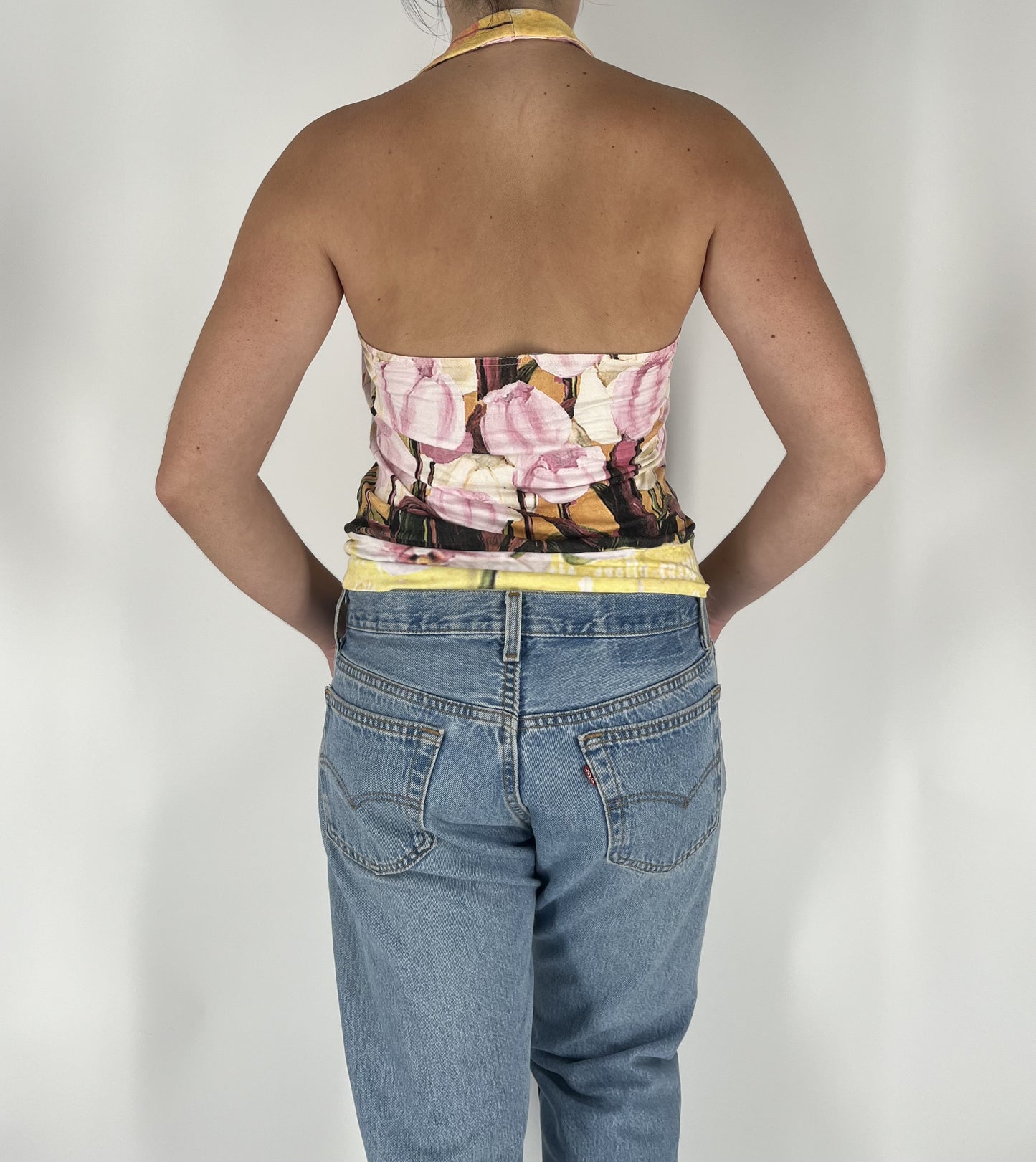 Made in Italy Vintage Floral Halter Top with Pink Tulip Print